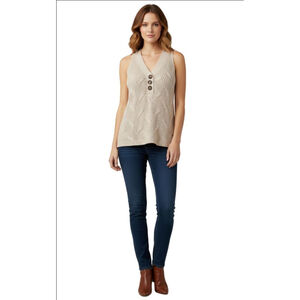 Women's Marled Beige Cable Knit V-Neck Sweater Vest M